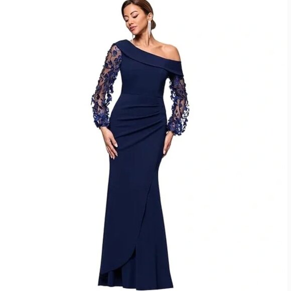 Xscape One-Shoulder Navy Blue Floral Long Sleeve Dress NWT Size 10 - Picture 1 of 11